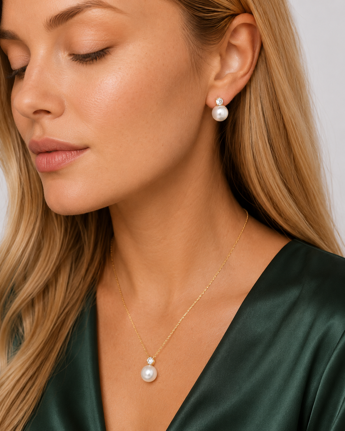 Lustre Necklace ja Lustre Stud 316-kirurginteräksestä, 18K PVD-kultapinnoitteella: kullanvärinen kaulakoru ja helmikorvakorut kirkkailla kivillä vihreää kangasta vasten.