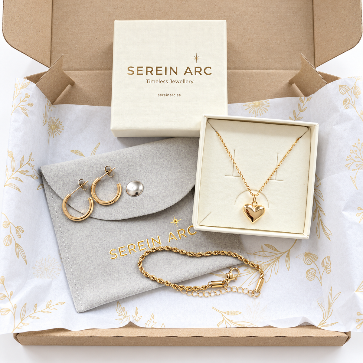 Everyday Stack med Pulse Necklace, Dusk Hoop och Weave Bracelet i Serein Arc-förpackning